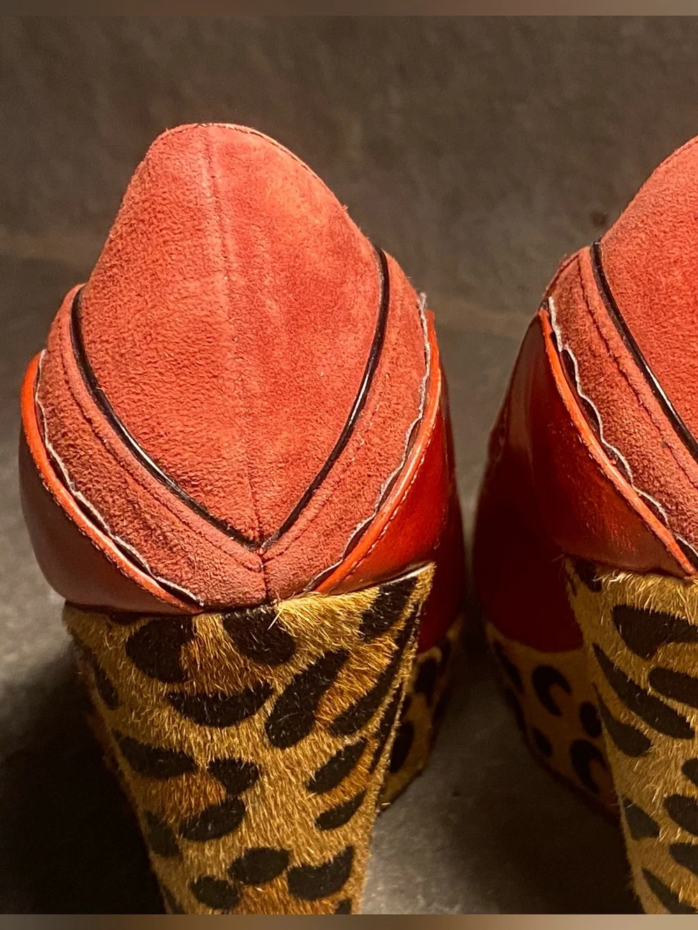Irregular Choice Body Love platform wedges,red leather,leopard faux fur,in box,7